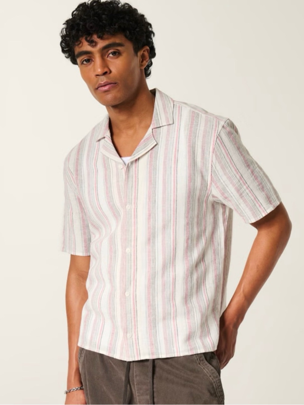 Hollister Short-Sleeve Camp Shirt - White & Pink Stripe